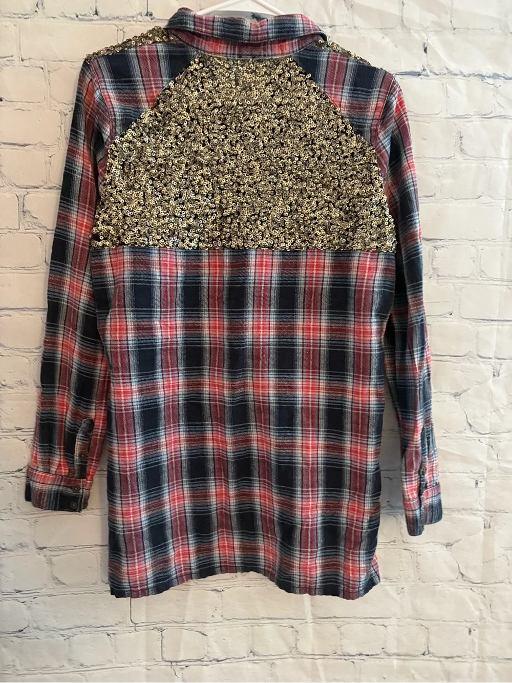 Free people plaid button down red white blue plaid gold sequins sz s